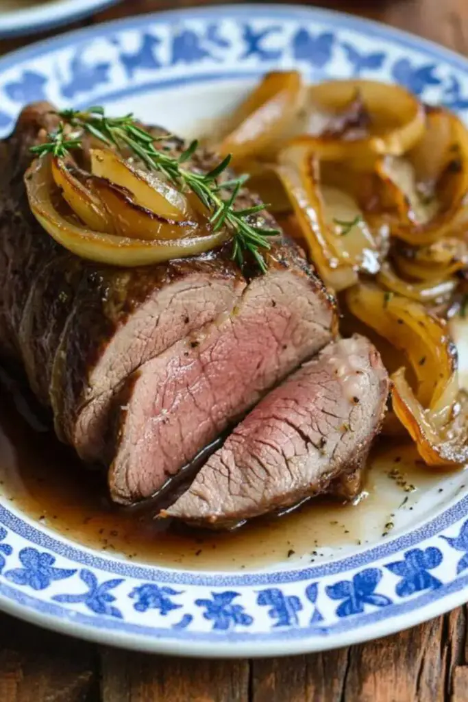 Authentic Italian Christmas roast beef served with a rich Marsala and onion sauce, garnished with fresh herbs, and presented on a blue and white platter.