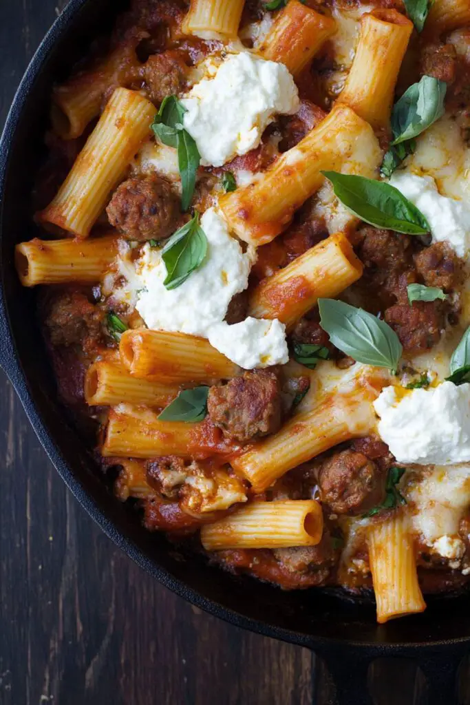 Baked pasta with Italian sausage and ricotta cheese, topped with fresh basil in a cast iron skillet. The golden-brown cheesy crust with bubbling tomato sauce underneath makes this a hearty, delicious dish perfect for family dinners.