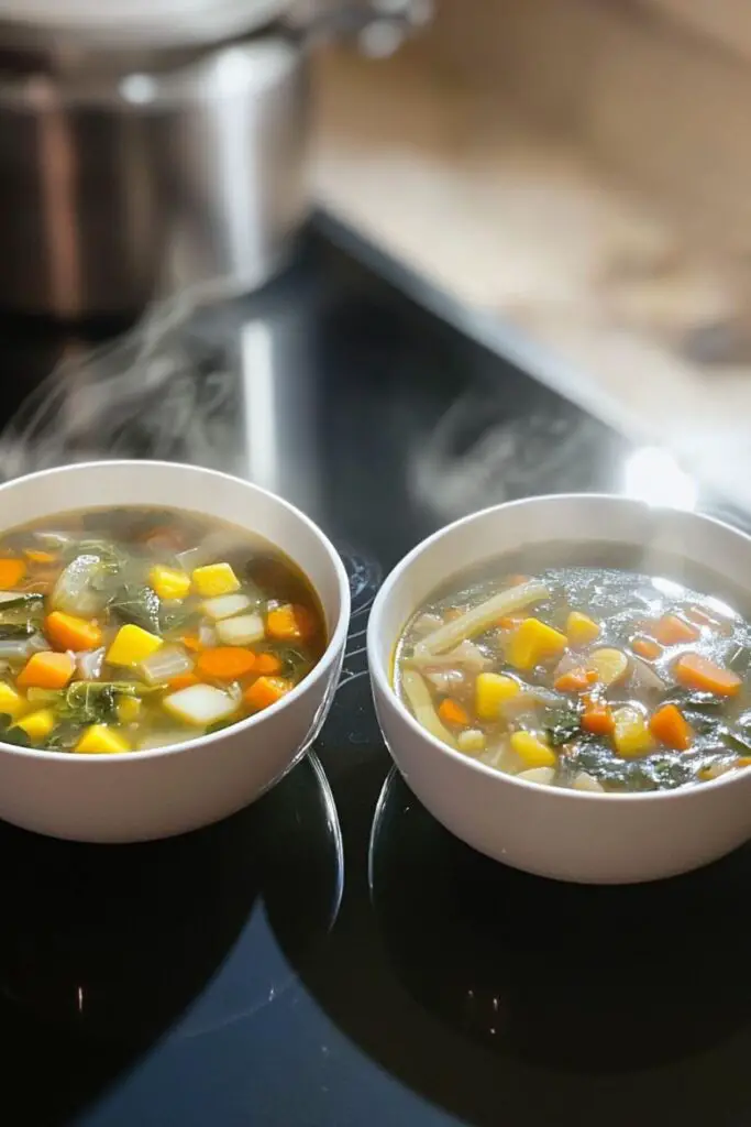 Bowls of Italian minestrone, a comforting homemade soup with vegetables, ideal for a healthy dinner.