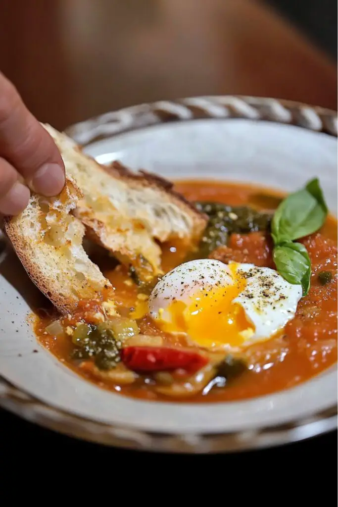 Close-up of a hand dipping bread into a comforting bowl of Tuscan Acquacotta, a traditional egg and vegetable soup.