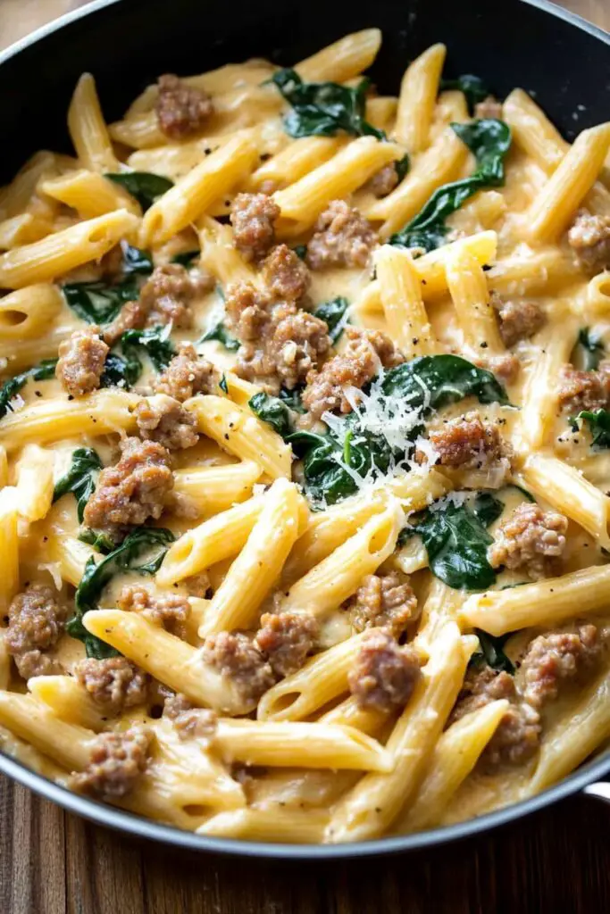 A skillet filled with penne pasta mixed with crumbled Italian sausage, wilted spinach, and coated in a rich, creamy Parmesan sauce. The dish is garnished with freshly grated Parmesan cheese, offering a comforting and flavorful pasta main dish perfect for weeknight dinners.