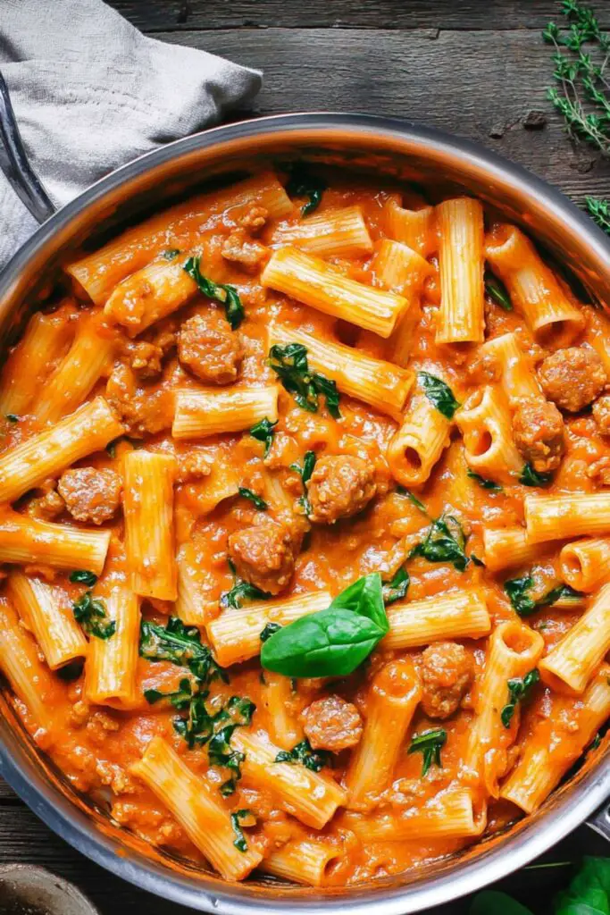 A close-up view of creamy sausage rigatoni pasta, featuring rigatoni pasta cooked in a rich tomato-based sauce with Italian sausages and fresh spinach. The dish is presented in a stainless steel skillet with the sauce clinging to the rigatoni, highlighting the ridges of the pasta. Fresh herbs are scattered around, adding a pop of color and flavor. The golden-brown sausage bits add texture, while the creamy sauce provides a luxurious finish, making it a hearty and comforting Italian meal.