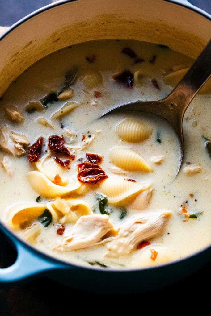 Creamy Tuscan chicken soup with sun-dried tomatoes and spinach in a Dutch oven