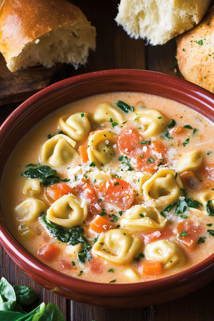 Creamy Tuscan tortellini soup with spinach and white beans in a bowl.