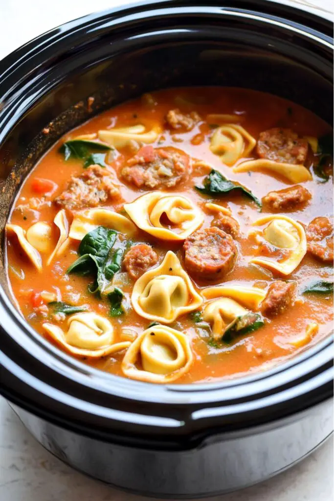 A hearty Italian slow cooker soup with cheese tortellini, sausage, carrots, spinach, and tomatoes in a crockpot, simmering in a creamy tomato broth.