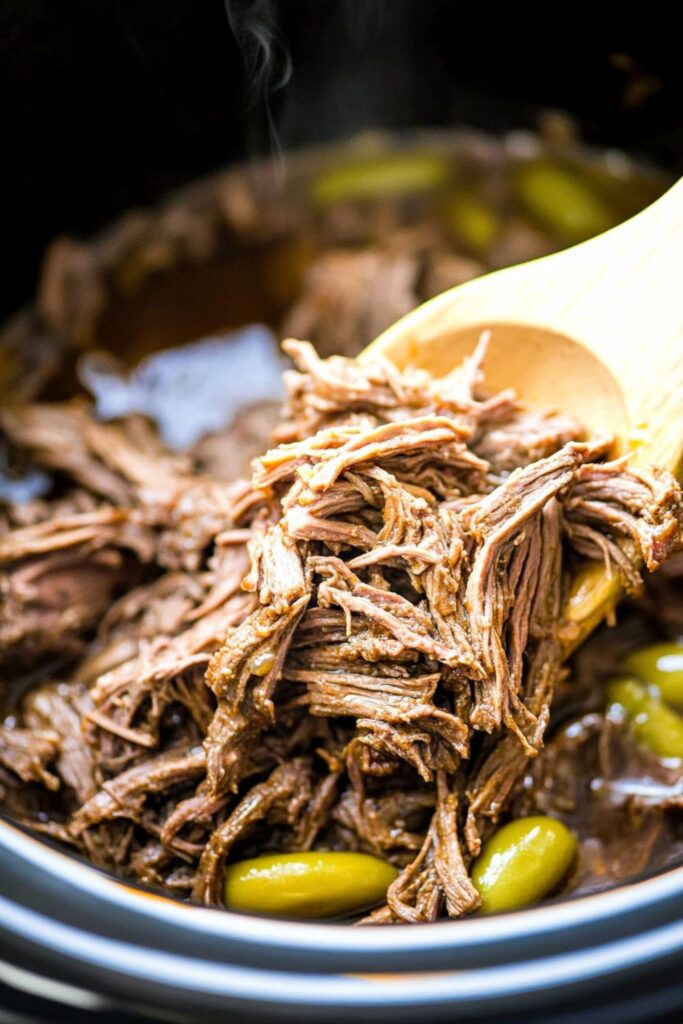 A tender crockpot slow cooker Italian beef dish with shredded beef and pepperoncini.