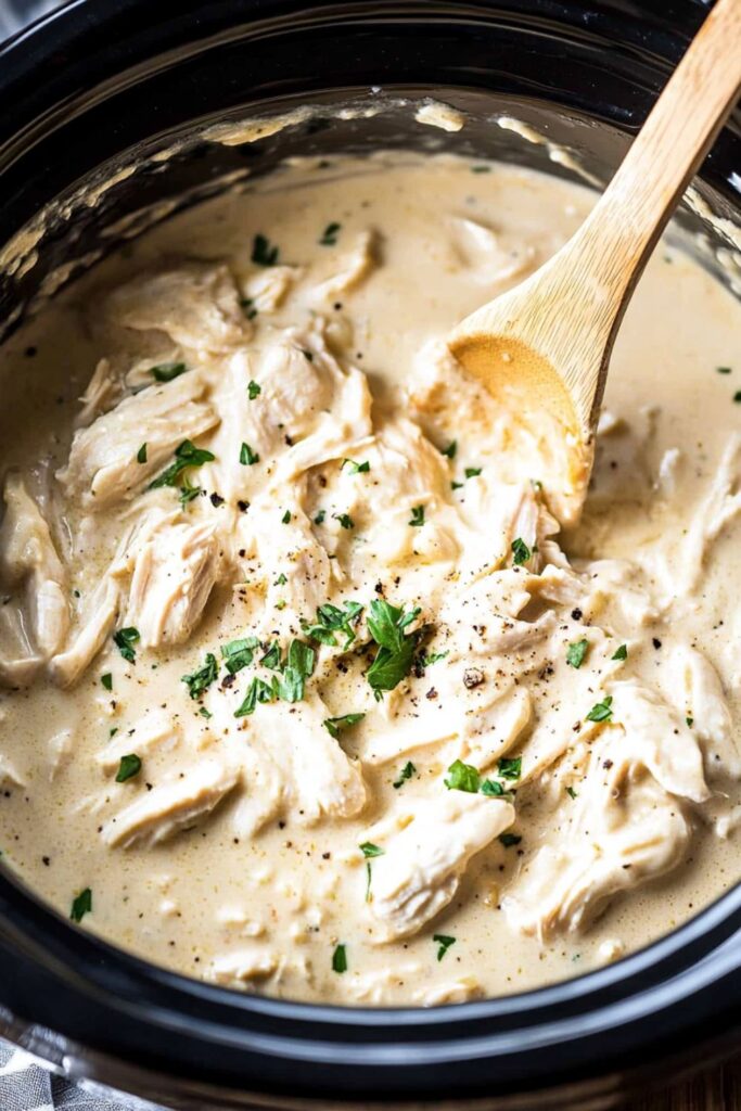 A creamy crockpot slow cooker Italian chicken dish with shredded chicken and herbs.