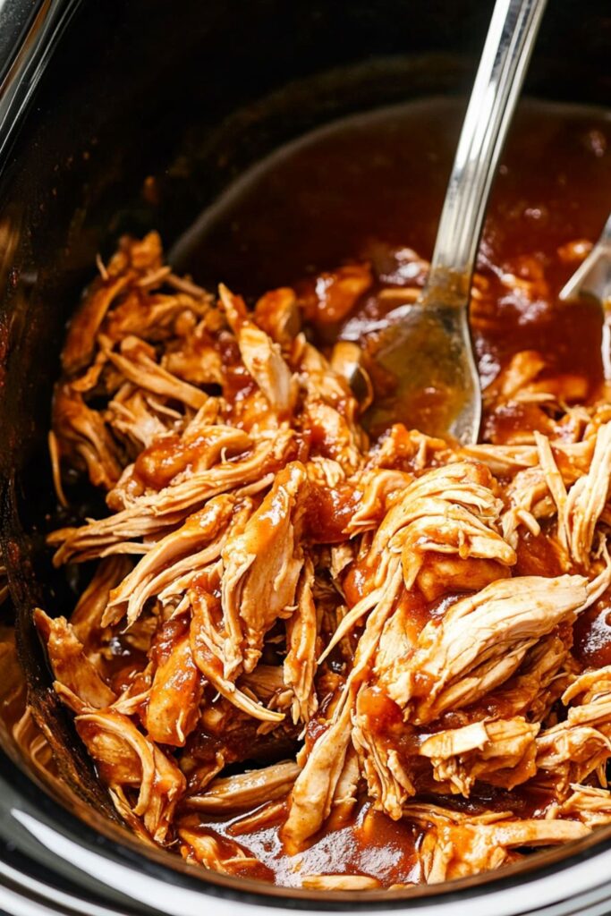 Shredded chicken in a crockpot made with barbecue sauce, Italian dressing, and Worcestershire, cooked slowly in a slow cooker for a tangy, flavorful dish.