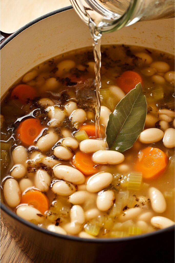 Crockpot Tuscan soup with white beans and vegetables simmering in broth