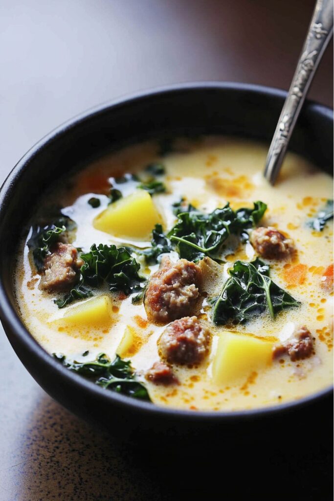 Easy Olive Garden Zuppa Toscana soup with kale, sausage, and potatoes in a creamy broth