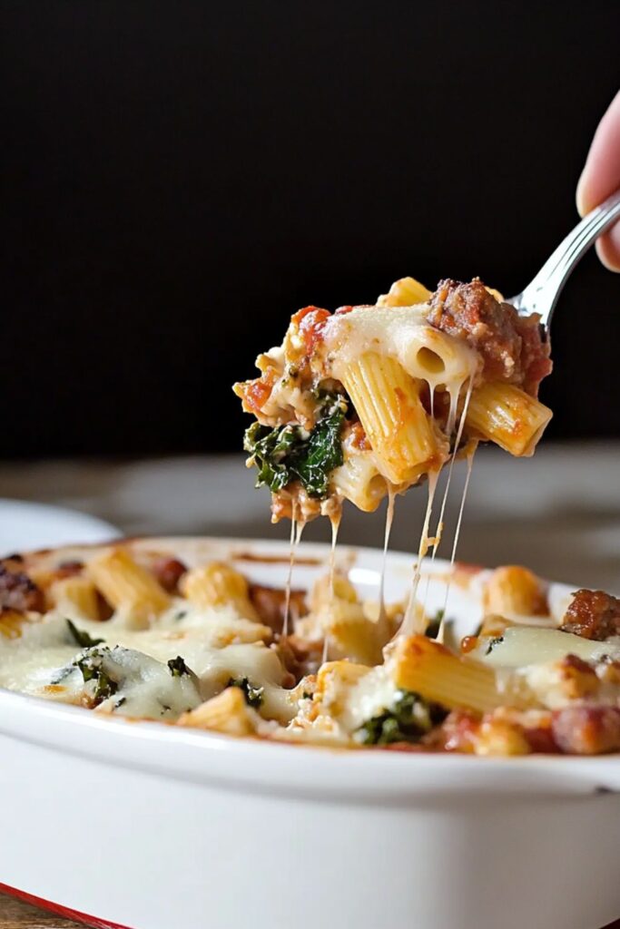 A warm and cheesy fall sausage and kale pasta bake being served from a casserole dish.