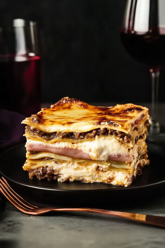 A hearty lasagna with layers of pasta, mushroom ragù, and prosciutto cotto, perfect for fall.