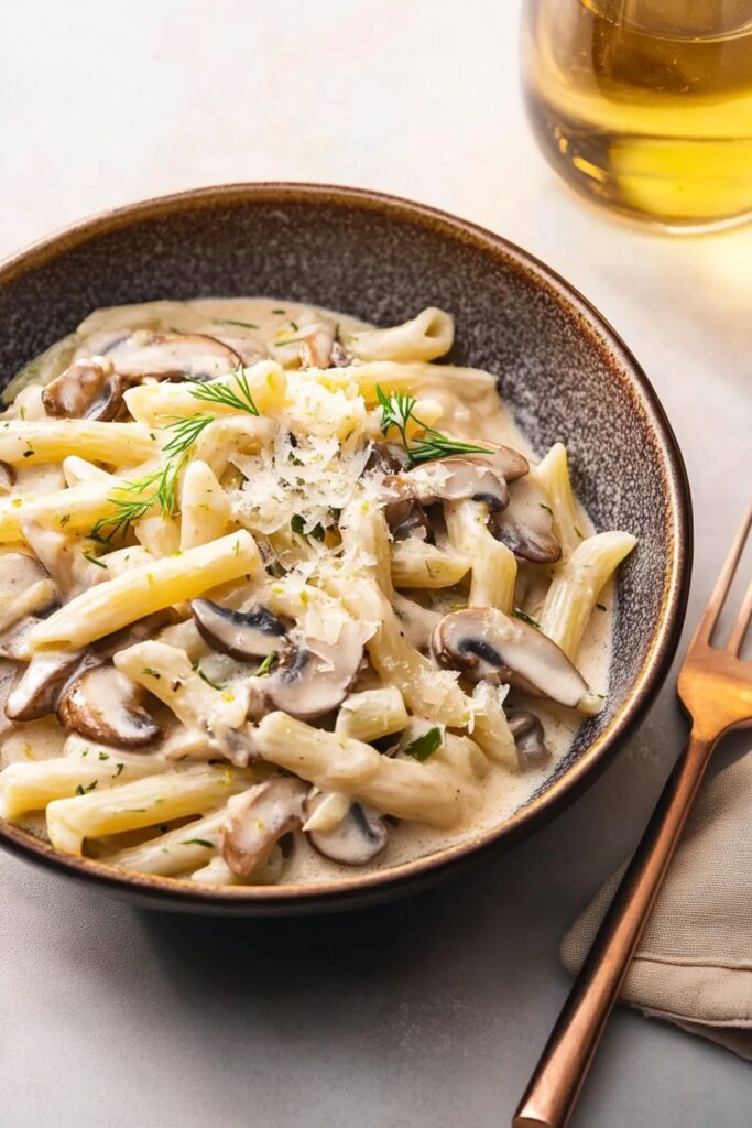 Creamy fall pasta with mushrooms and leeks in a white wine sauce, served in one pot.