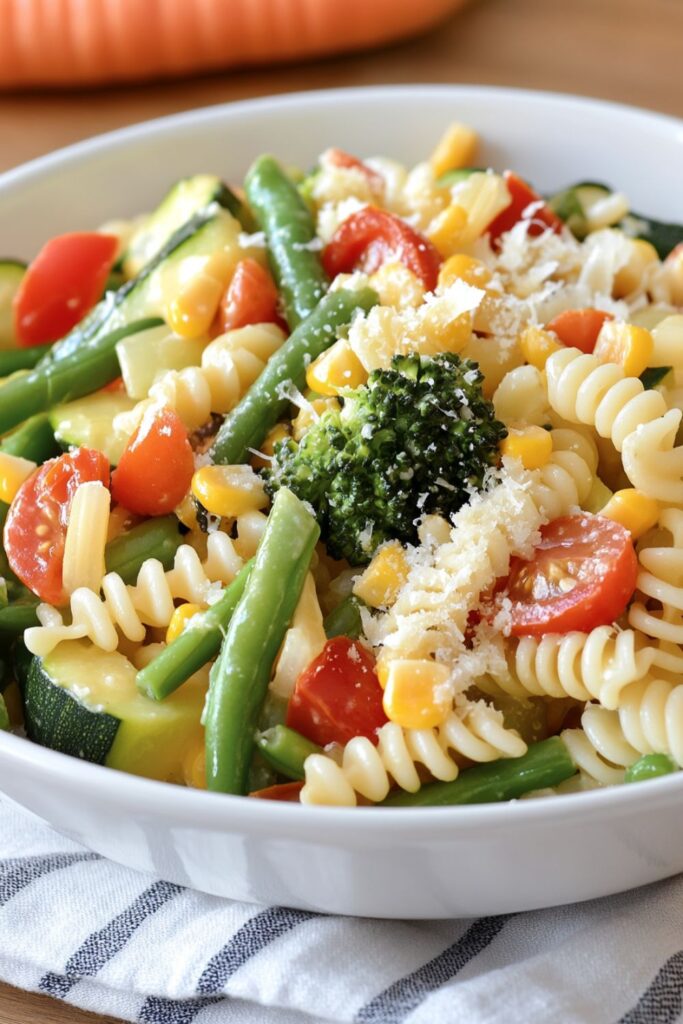 A bowl of fall pasta primavera with fusilli, zucchini, broccoli, cherry tomatoes, and green beans, tossed in a light butter sauce and topped with Parmesan.