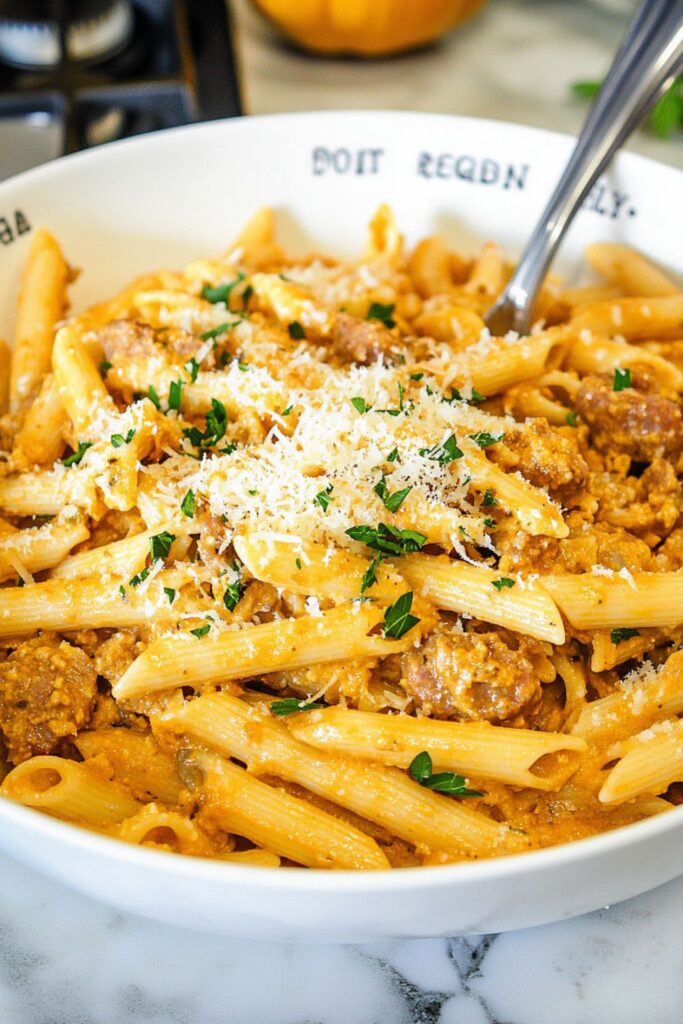 A creamy fall pasta with sausage and pumpkin, garnished with fresh parsley and Parmesan.