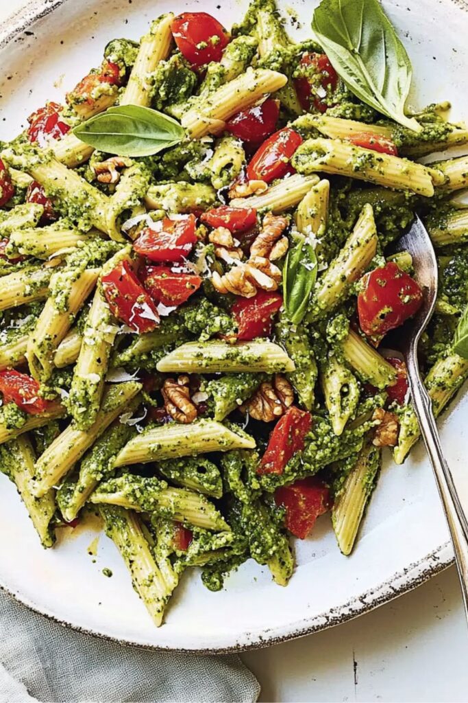 A plate of penne pasta tossed in walnut pesto, mixed with roasted red peppers and topped with fresh basil leaves.