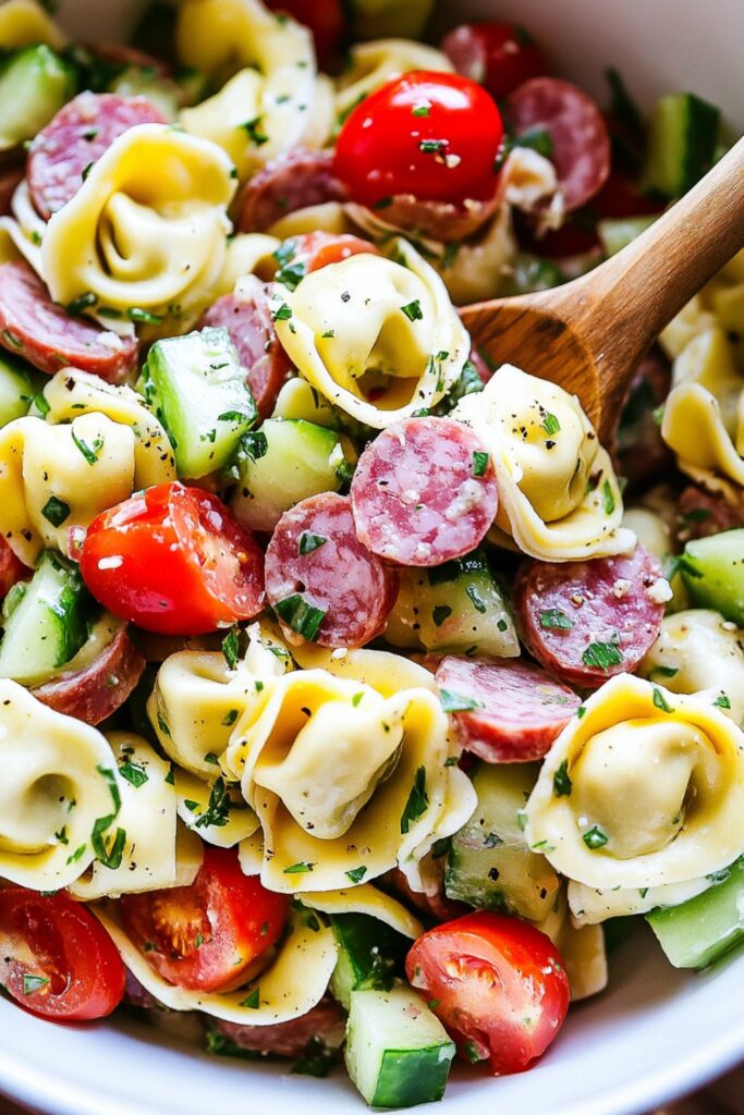 A colorful fall tortellini pasta salad with cheese-filled tortellini, salami, cherry tomatoes, cucumbers, mozzarella, and Parmesan, tossed with Italian dressing.