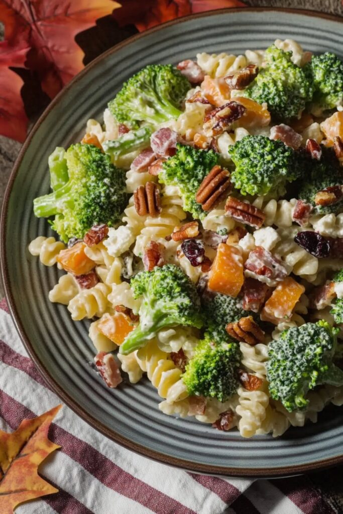 A fall pasta salad with broccoli, bacon, and creamy dressing, perfect for Thanksgiving.