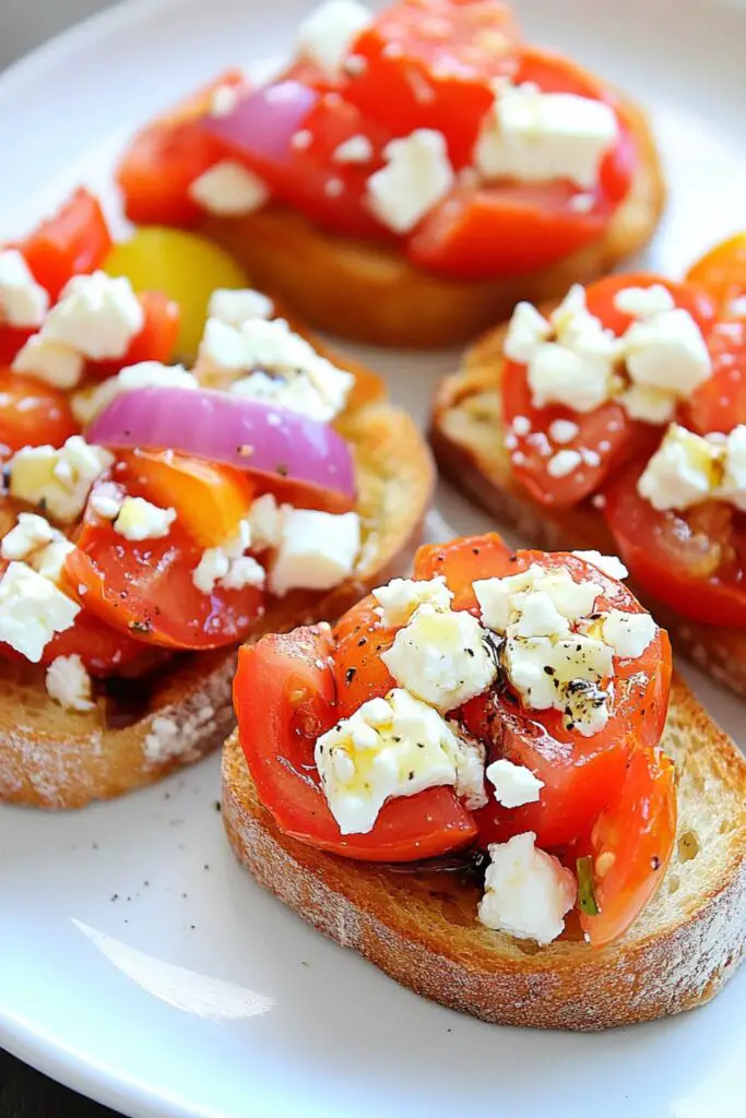 Freshly toasted bruschetta topped with diced cherry tomatoes, crumbled feta cheese, and a drizzle of olive oil, creating a colorful and flavorful tomato appetizer perfect for summer gatherings.