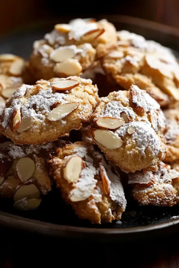 A plate of gluten-free Italian almond Christmas cookies, dusted with powdered sugar and coated in sliced almonds. The cookies are rustic in appearance, with their golden almond crust and chewy interior, perfect for those looking for gluten-free traditional Italian Christmas cookies recipes.