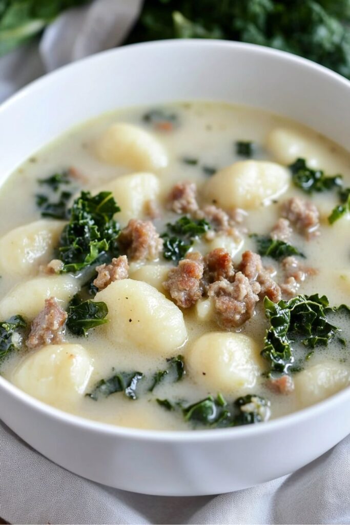 Creamy Gnocchi Zuppa Toscana soup with kale and sausage in a bowl.