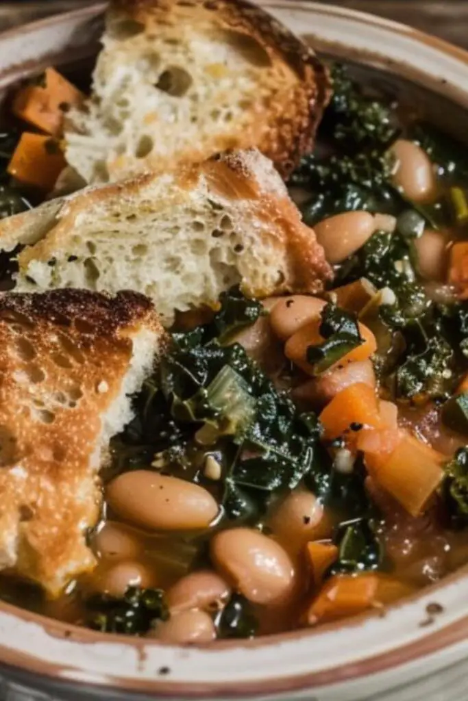 A rustic bowl of Ribollita soup with beans, kale, and vegetables, served with toasted bread on top, perfect for a comforting meal.