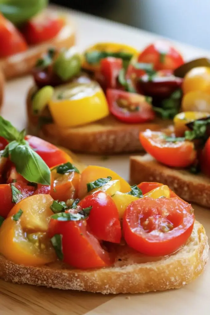 Crispy toasted bread topped with a vibrant mix of colorful heirloom tomatoes, fresh basil, and olive oil for a classic bruschetta appetizer