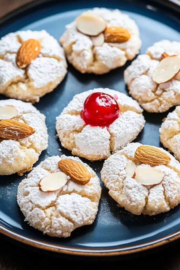 A close-up of traditional Italian almond Christmas cookies arranged on a blue plate. These authentic Italian cookies are topped with whole almonds, sliced almonds, and maraschino cherries. The cookies have a slightly cracked, powdered surface, showcasing their soft, chewy texture, perfect for those seeking classic Italian Christmas cookies recipes.