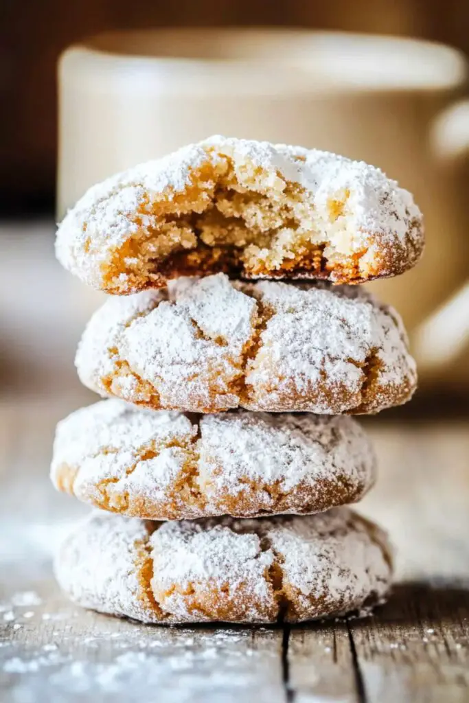 A stack of chewy Italian Amaretti cookies dusted with powdered sugar, showing a soft almond-filled center.