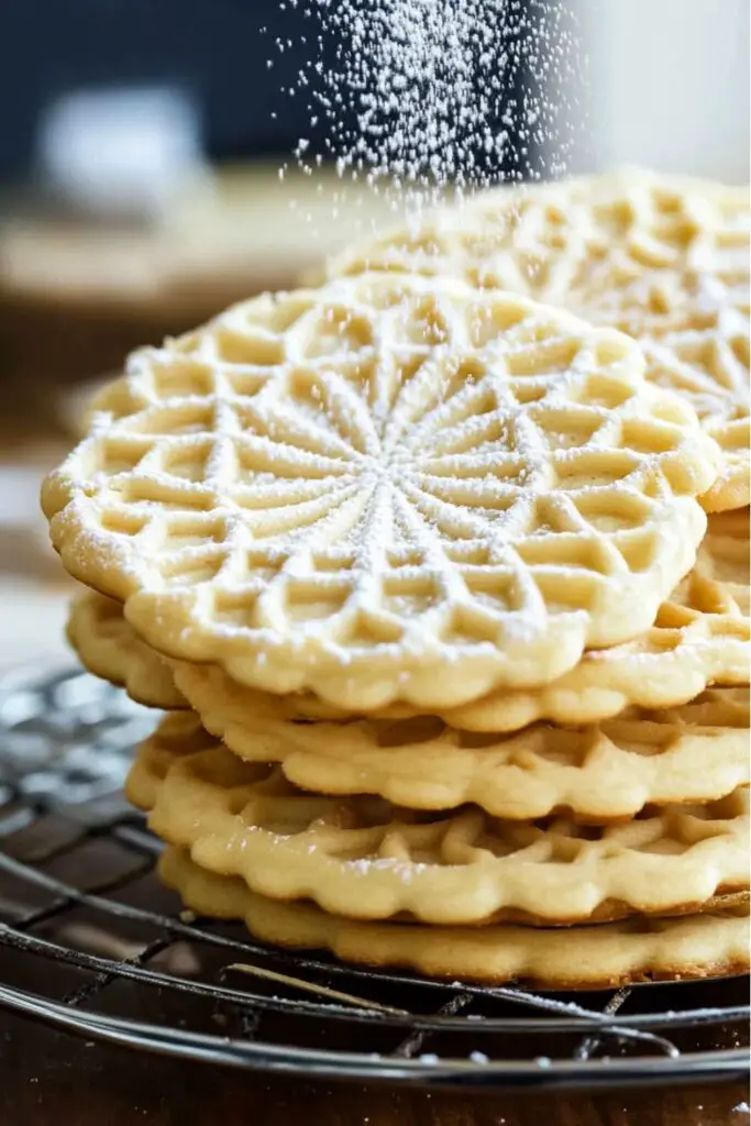 A stack of thin, crisp Pizzelle cookies dusted with powdered sugar, resting on a cooling rack.