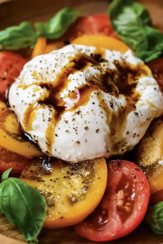 Heirloom Italian Burrata Caprese Salad featuring vibrant slices of red and yellow heirloom tomatoes, fresh basil, and creamy burrata cheese topped with balsamic glaze, perfect for a traditional Italian Christmas side dish.