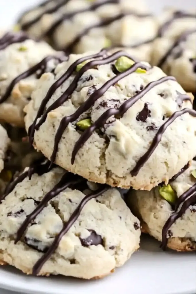 A close-up of Italian Christmas Cannoli Cookies topped with drizzled chocolate and packed with flavors like ricotta and pistachios, resting on a white plate.