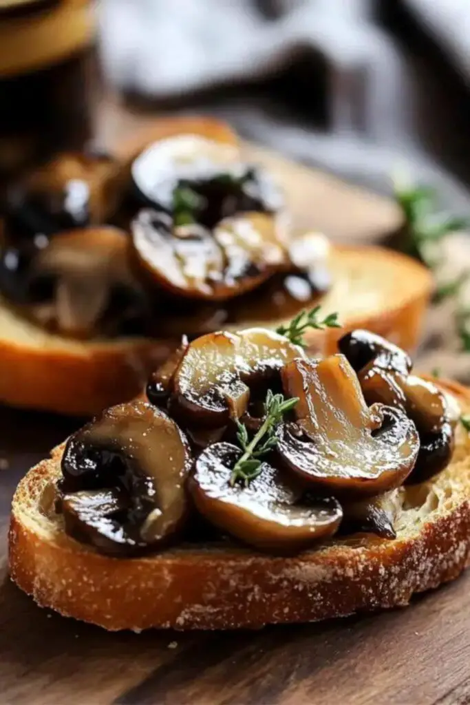 Savory Mushroom Crostini on crispy toasted bread, topped with sautéed mushrooms, fresh thyme, and a hint of garlic, perfect for an Italian Christmas dinner appetizer.