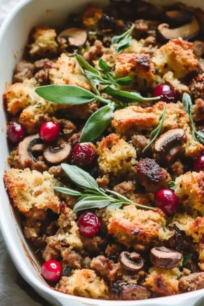 Traditional Italian Christmas stuffing made with sausages, cornbread, chestnuts, cranberries, and fresh herbs, served in a white casserole dish. Perfect for a festive Italian-themed Christmas party.