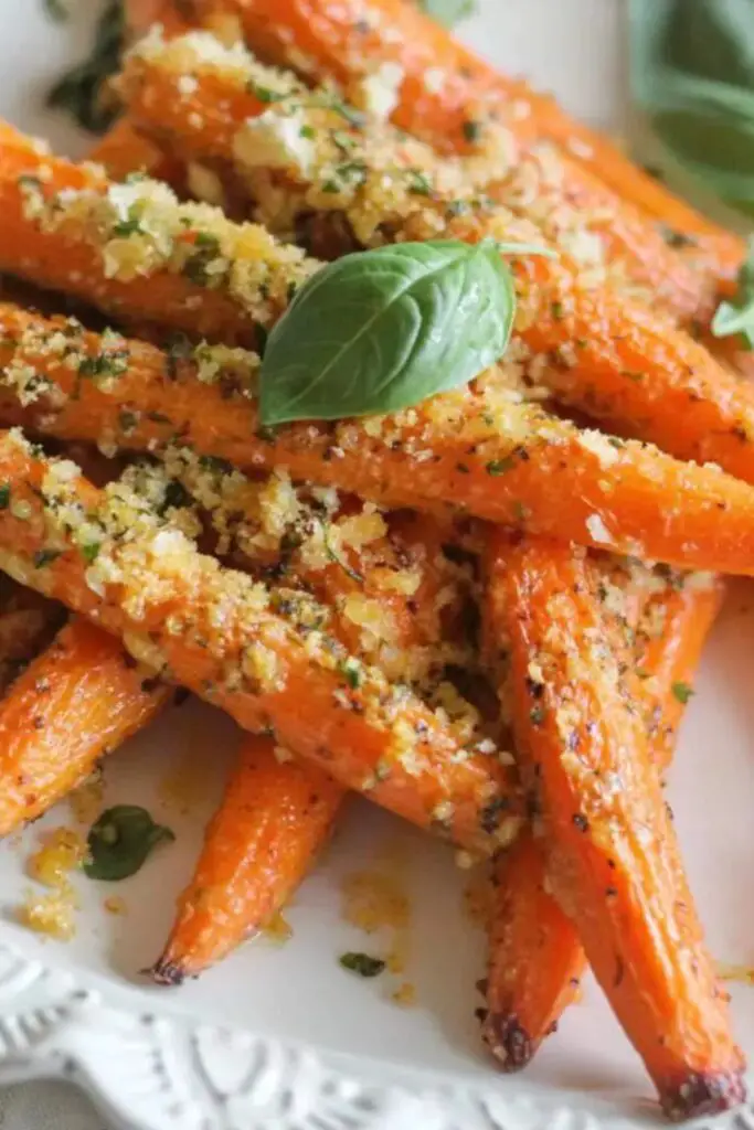 Roasted carrots topped with garlic, Parmesan, and fresh basil, served as a flavorful Italian Christmas side dish.