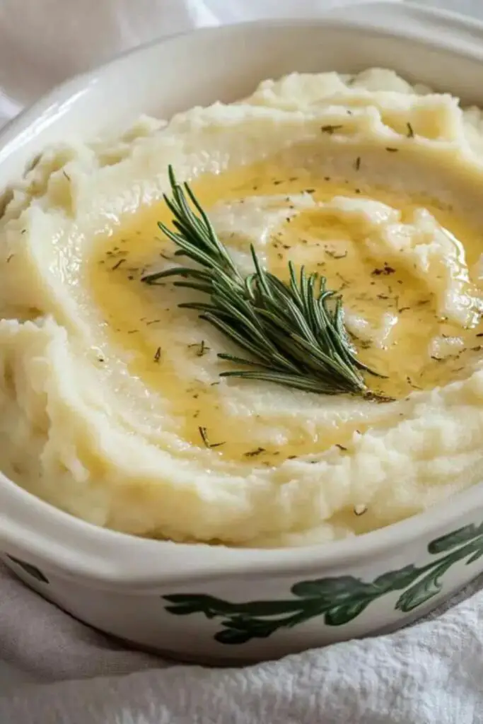 Creamy Mascarpone Mashed Potatoes in a white dish, topped with melted rosemary butter, perfect for an Italian-themed Christmas side dish.