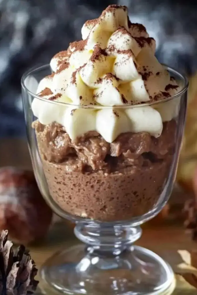 Glass dessert cup filled with layers of chestnut mousse and whipped cream, topped with cocoa powder, perfect for an authentic Italian Christmas.