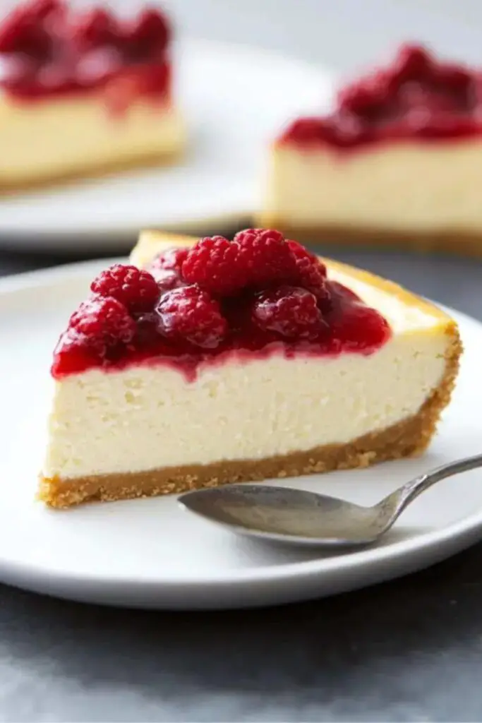 Italian ricotta cheesecake slice on a white plate, topped with a dollop of sweet raspberry compote, perfect for an authentic Italian Christmas dessert.