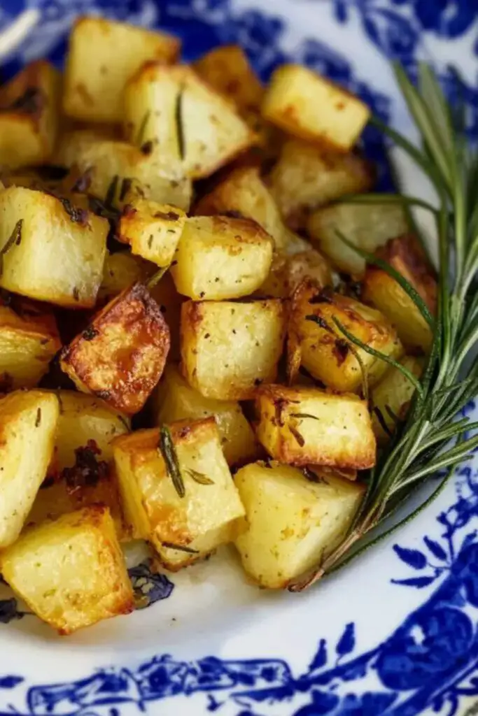 Golden and crispy Italian roasted potatoes seasoned with rosemary and garlic, served on a traditional blue and white ceramic plate, perfect for a Christmas Italian side dish.