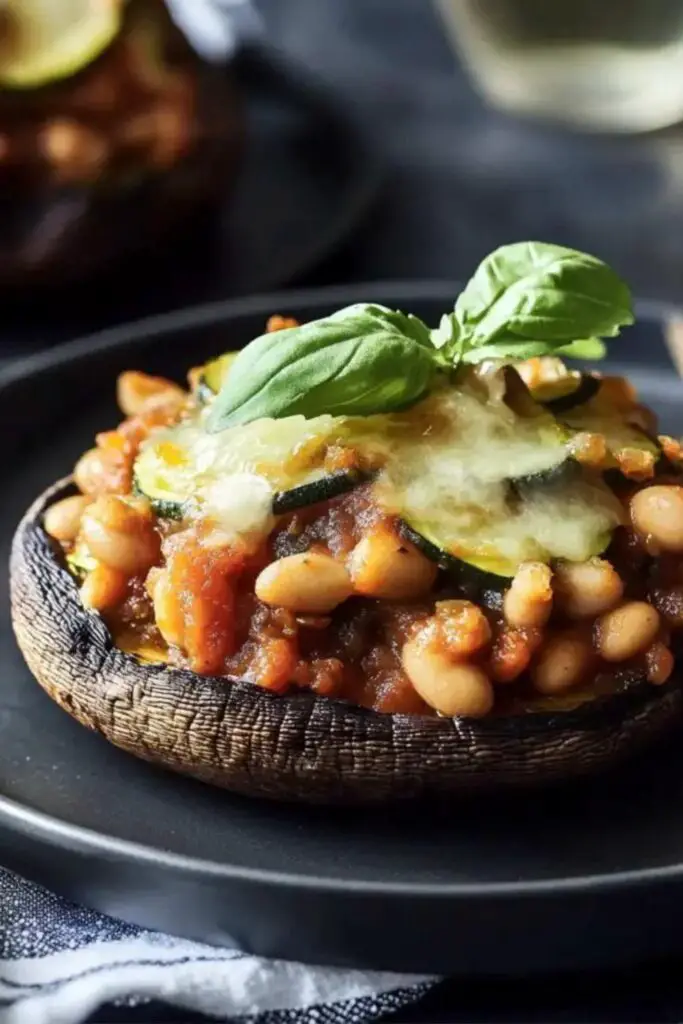 Italian Christmas Stuffed Portobello Mushrooms: Portobello mushrooms filled with cannellini beans in tomato sauce, topped with sliced zucchini and melted mozzarella, served on a black plate with fresh basil.