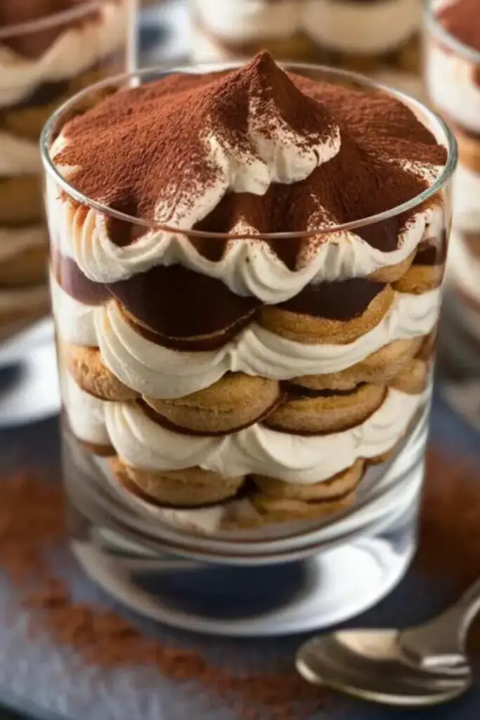 Easy tiramisu cups layered with creamy mascarpone and dusted with cocoa powder, perfect for an authentic Italian Christmas dessert.