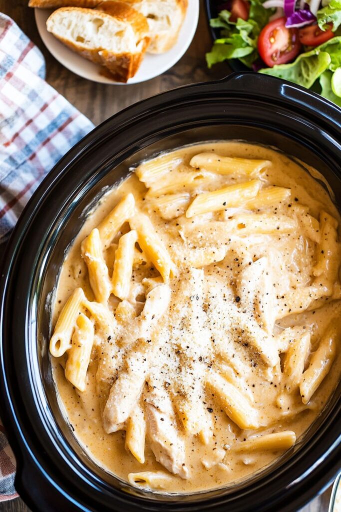 Creamy Italian crockpot chicken pasta made in a slow cooker with penne, chicken, and Italian dressing, served with a side salad and breadsticks.