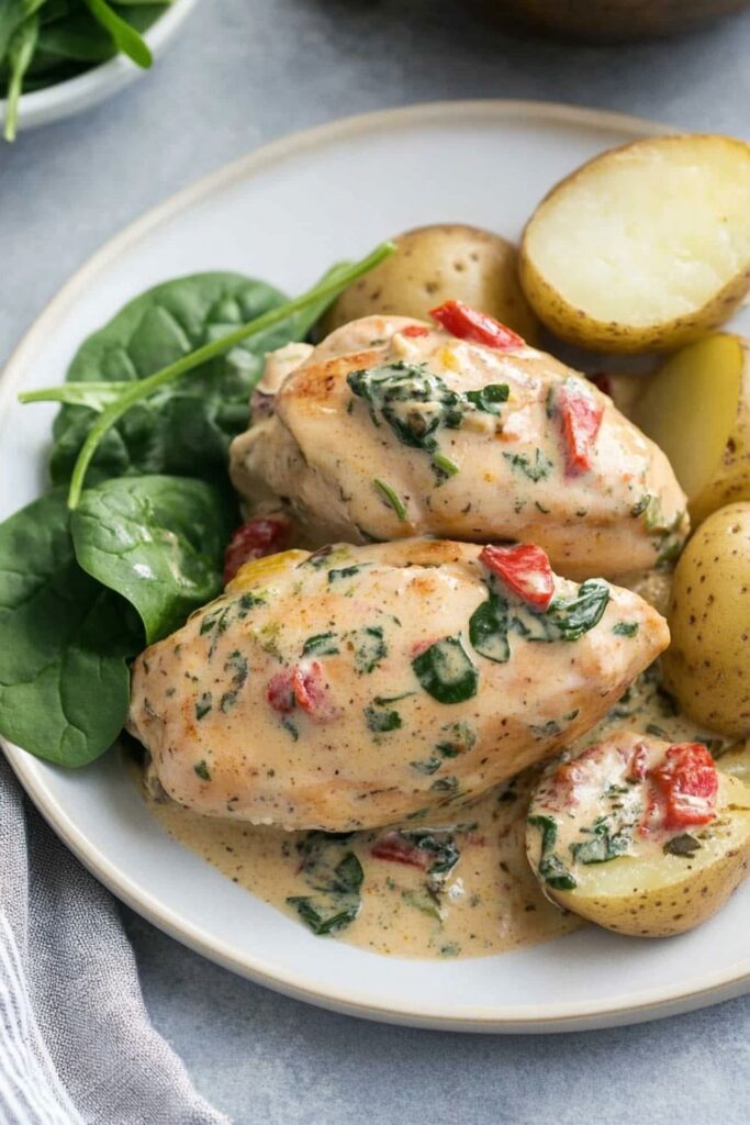 A creamy Italian crockpot meal featuring chicken and potatoes cooked with spinach and herbs in a slow cooker.