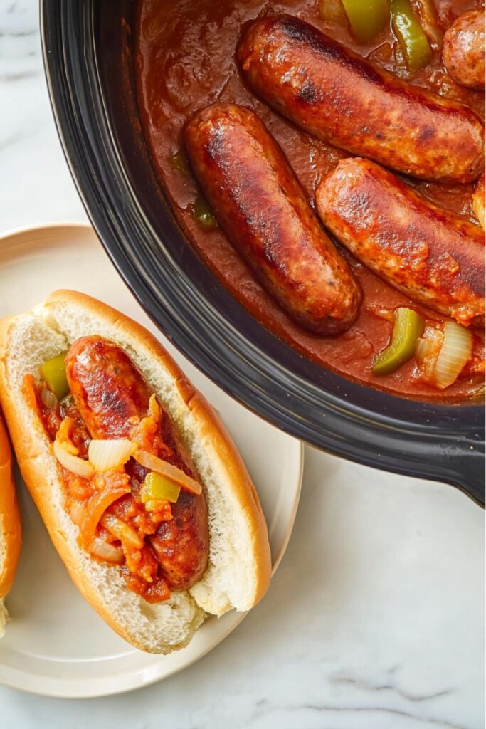 Italian sausages cooked in a slow cooker with tomato sauce, onions, and peppers, served on hoagie rolls for a delicious crockpot Italian meal.