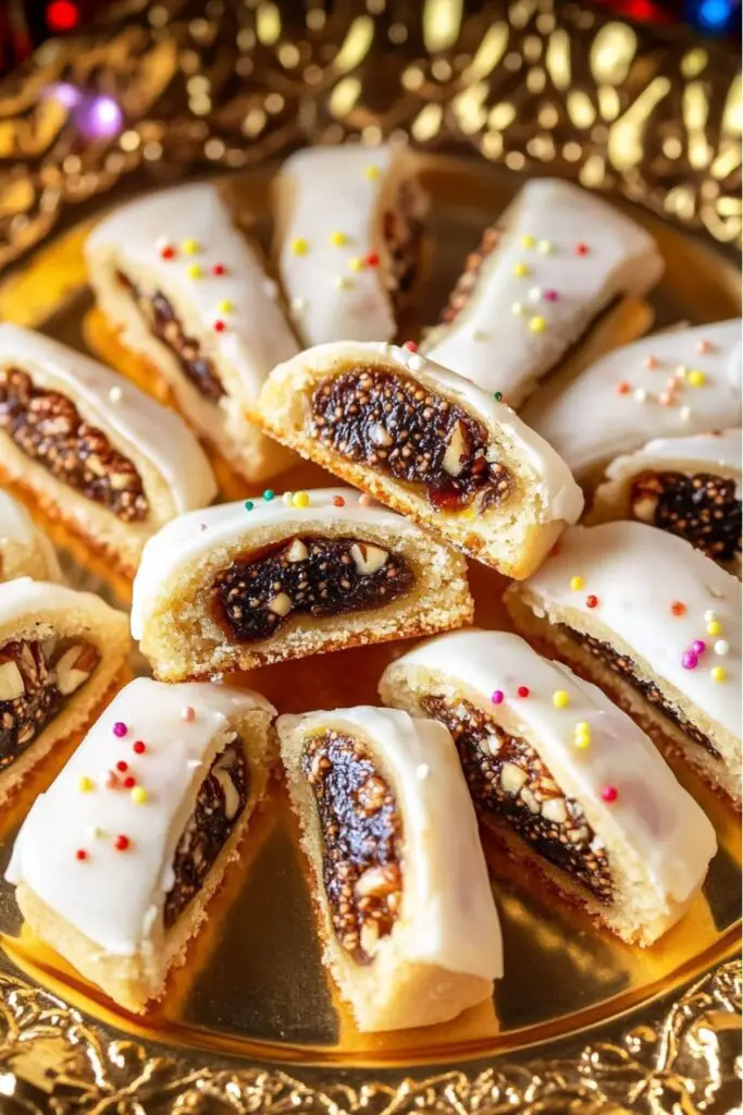 A golden tray filled with traditional Italian Christmas fig cookies, also known as cucidati. The cookies are cut into small slices revealing a rich, spiced fig filling. The outer layer is a soft pastry covered in a sweet glaze and decorated with colorful nonpareils, making them perfect for anyone looking for traditional Italian Christmas cookies recipes.