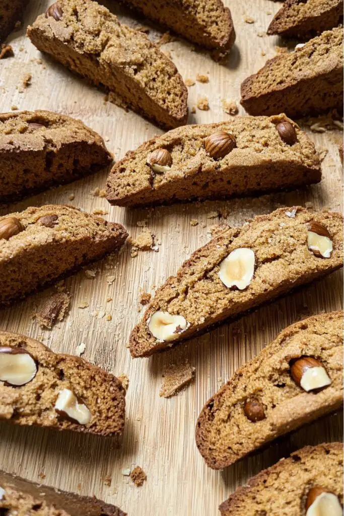 Crispy Italian biscotti made with honey and hazelnuts, showcasing their golden-brown texture. These classic Italian Christmas cookies are perfect for dipping in coffee or tea, ideal for those looking for authentic Italian Christmas cookie recipes.