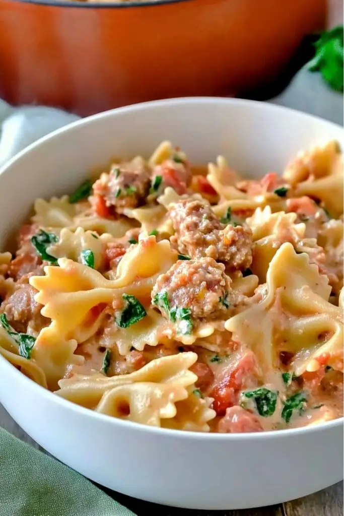 A delicious bowl of bow tie pasta mixed with crumbled Italian sausage, creamy tomato sauce, and topped with fresh parsley. The dish is rich and savory, featuring the perfect combination of pasta and sausage in a light, creamy sauce, served in a cozy bowl, perfect for a family meal.