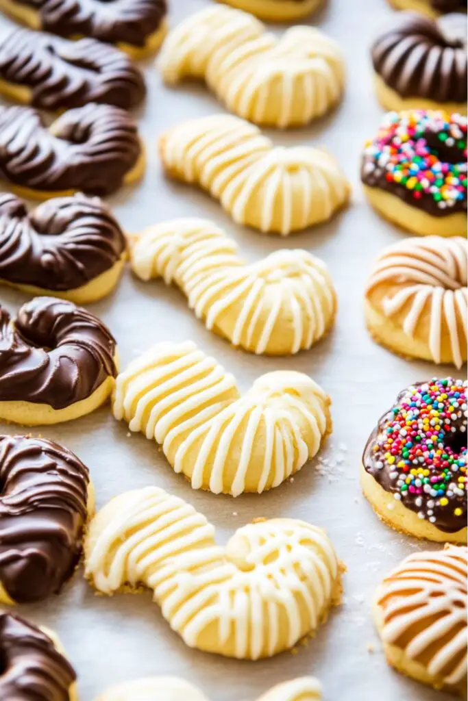 A variety of Italian butter cookies topped with chocolate, sprinkles, and cherries, arranged on a white plate.