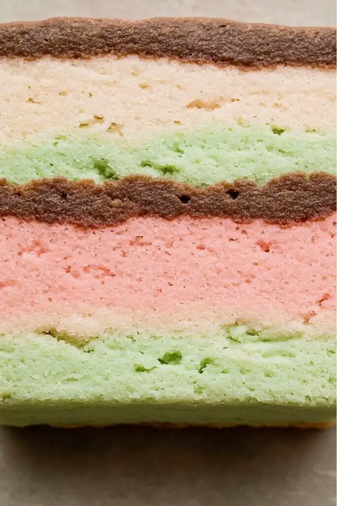 Layered Italian Spumoni cookies with pistachio, chocolate, and cherry flavors cooling on a rack.