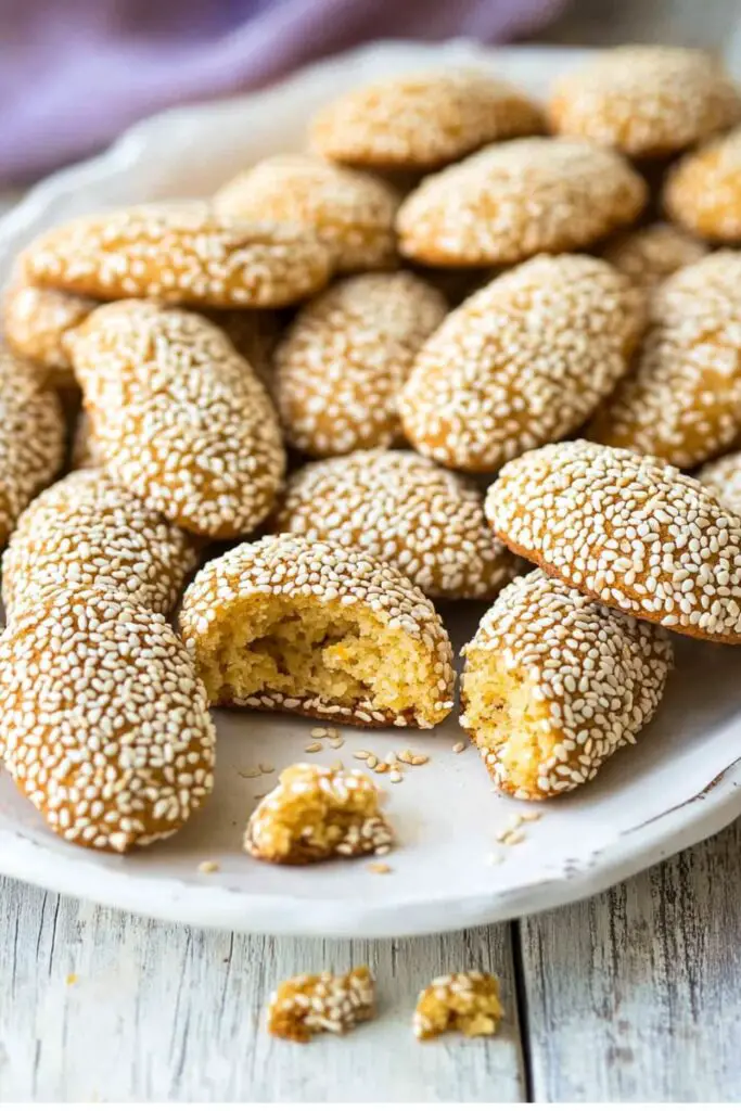 A tray of Italian sesame cookies, golden brown and coated with sesame seeds, arranged on a white plate.